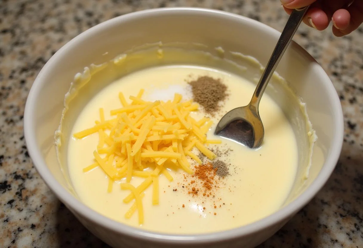 Mélange de fromage dans la sauce béchamel pour Croque-Madame Savoureux, prêt à être utilisé.