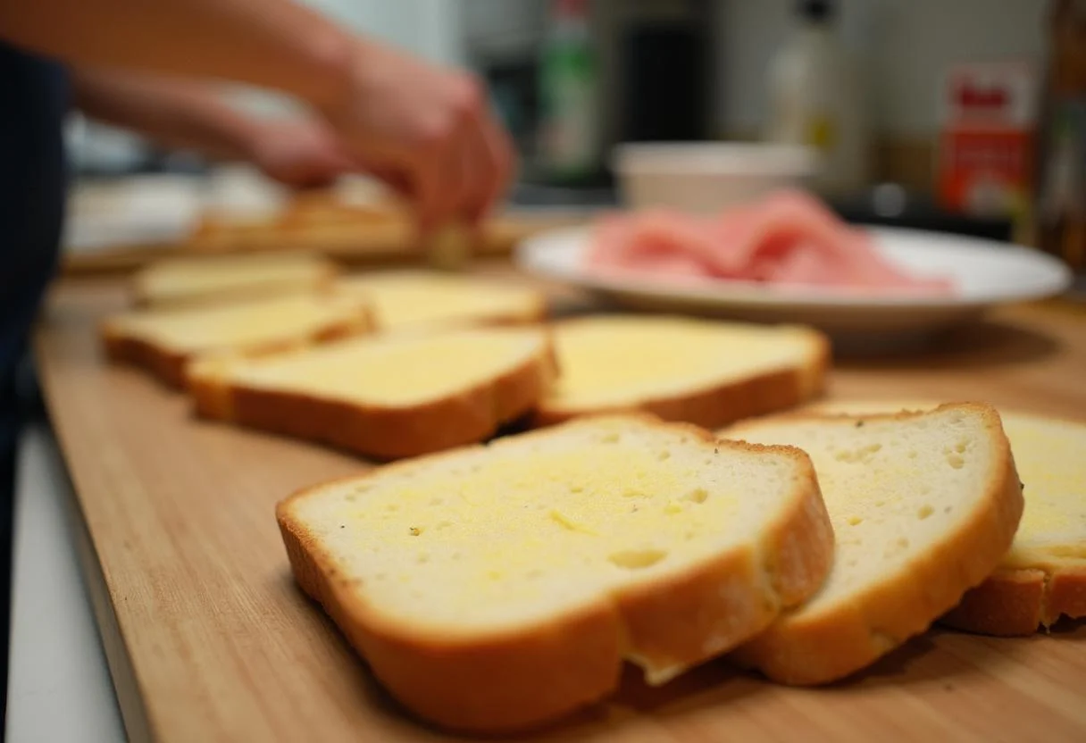Tranches de pain préparées pour faire des Croque-Monsieur avec du jambon et du fromage.