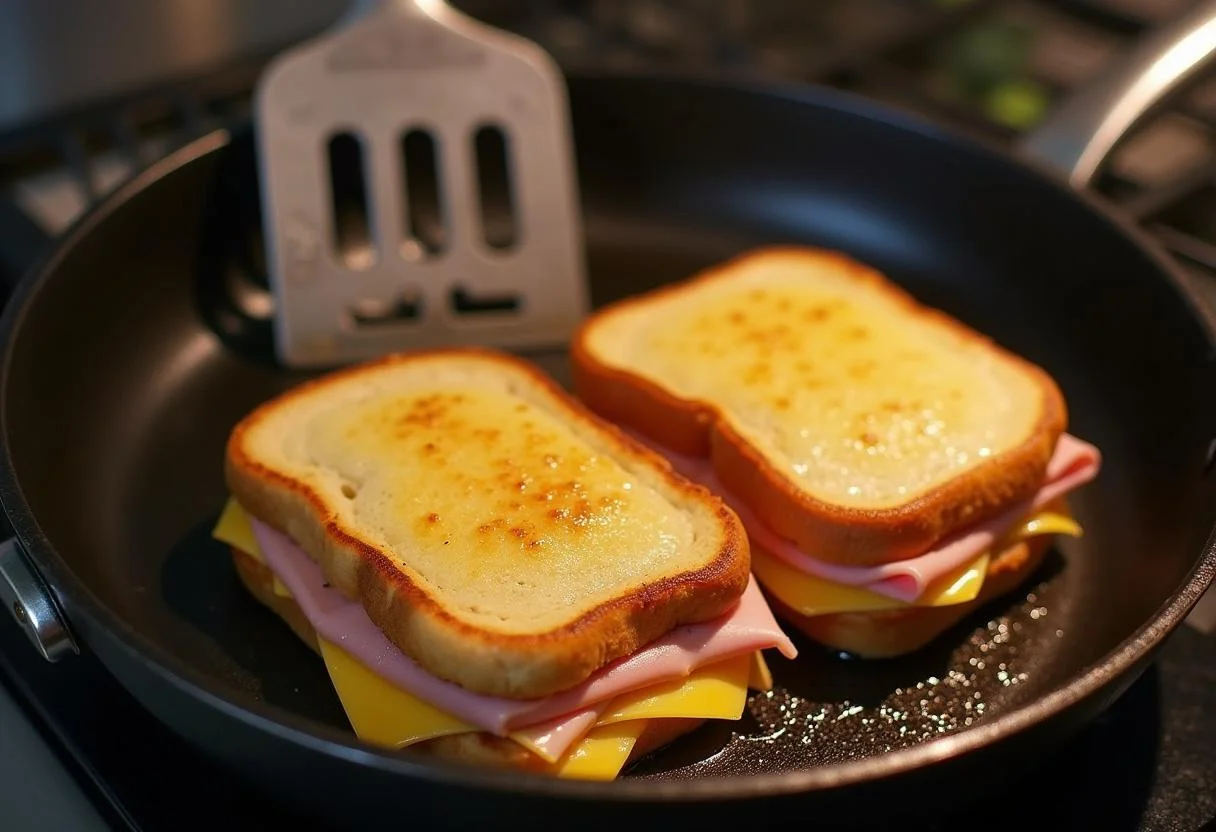 Sandwichs Croque-Monsieur cuisant dans une poêle, prêts à être retournés pour une perfection dorée.