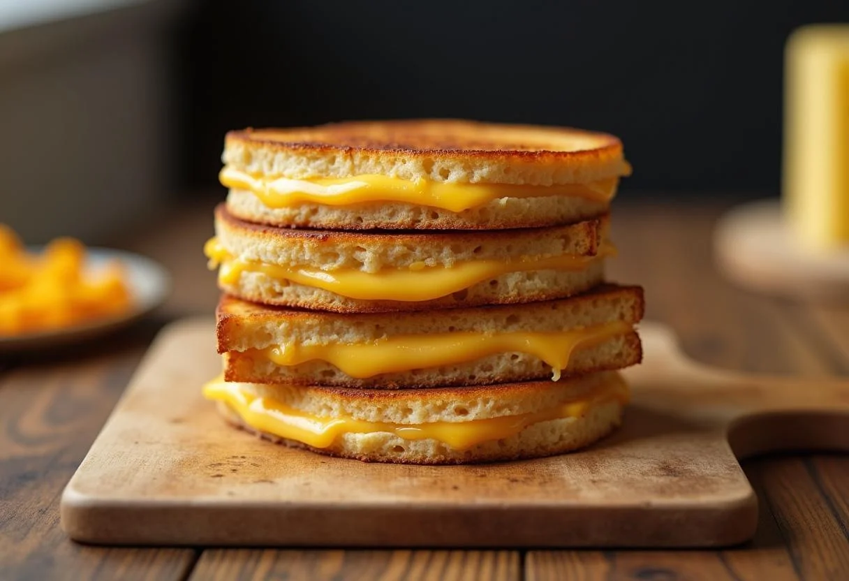 Sandwichs Croque-Monsieur dorés préparés pour être servis sur une planche à découper.