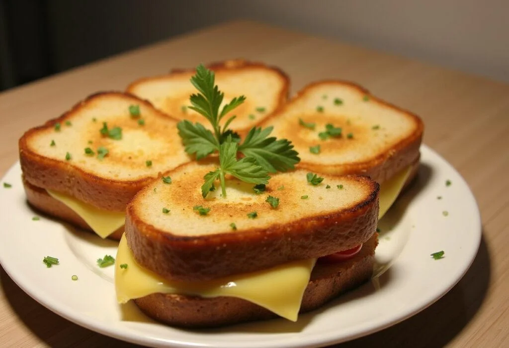 Présentation d'un délicieux croque monsieur végétarien champignons béchamel, tranché et garni d'herbes fraîches.
