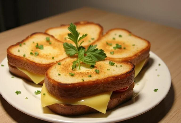 Présentation d'un délicieux croque monsieur végétarien champignons béchamel, tranché et garni d'herbes fraîches.