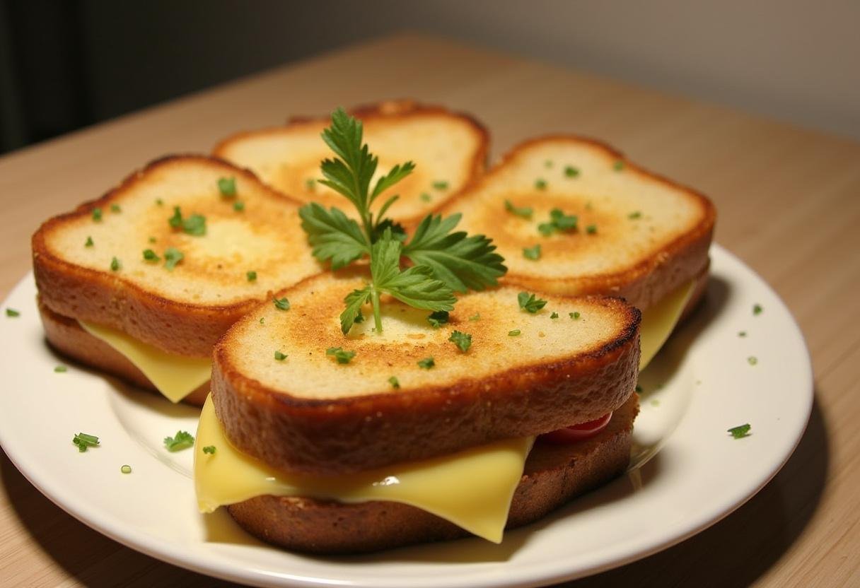 Présentation d'un délicieux croque monsieur végétarien champignons béchamel, tranché et garni d'herbes fraîches.