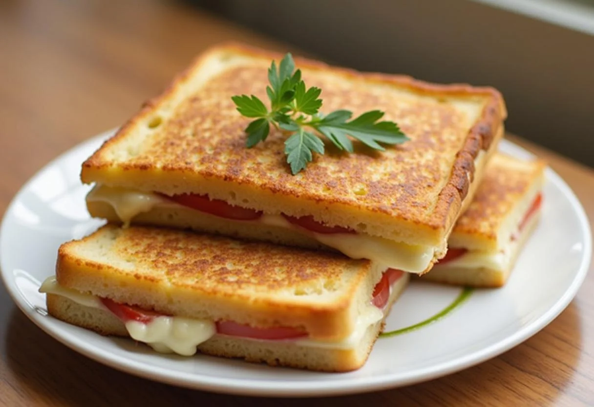 Présentation d'un délicieux croque monsieur végétarien champignons béchamel, tranché et garni d'herbes fraîches.