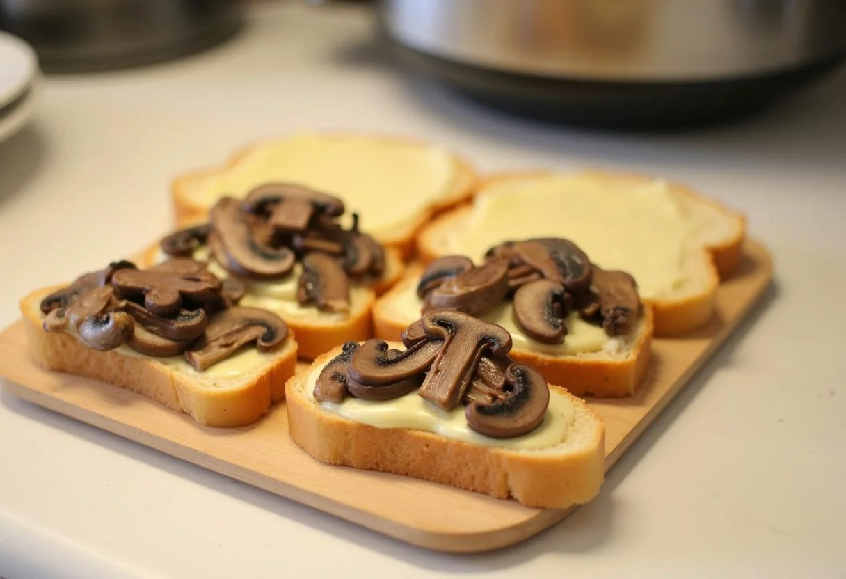 Préparation du croque monsieur végétarien avec béchamel et champignons sur des tranches de pain.