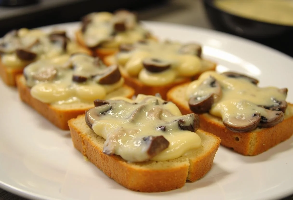 Assemblage du croque monsieur végétarien avec béchamel sur le dessus des tranches de pain.