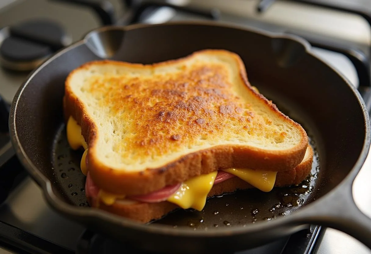 Cuisson du croque monsieur végétarien dans une poêle à feu moyen, jusqu'à ce qu'il soit doré des deux côtés.