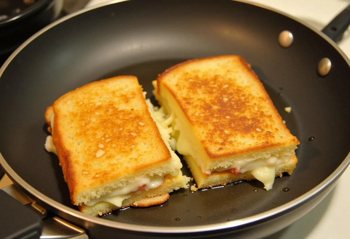 Retrait du croque monsieur végétarien de la poêle, prêt à être coupé et servi.