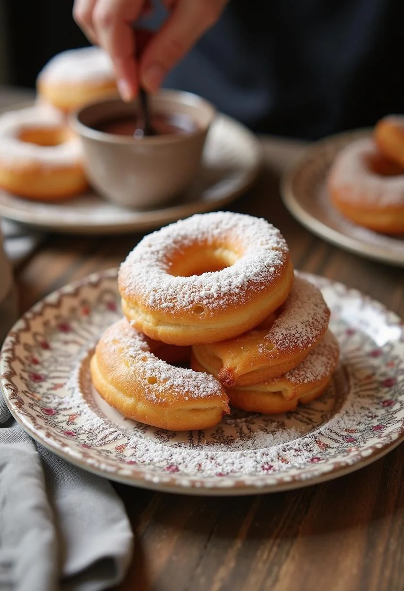 Assiette élégante de Crullers Français dorés avec du sucre glace, prête à être dégustée avec une sauce au chocolat.