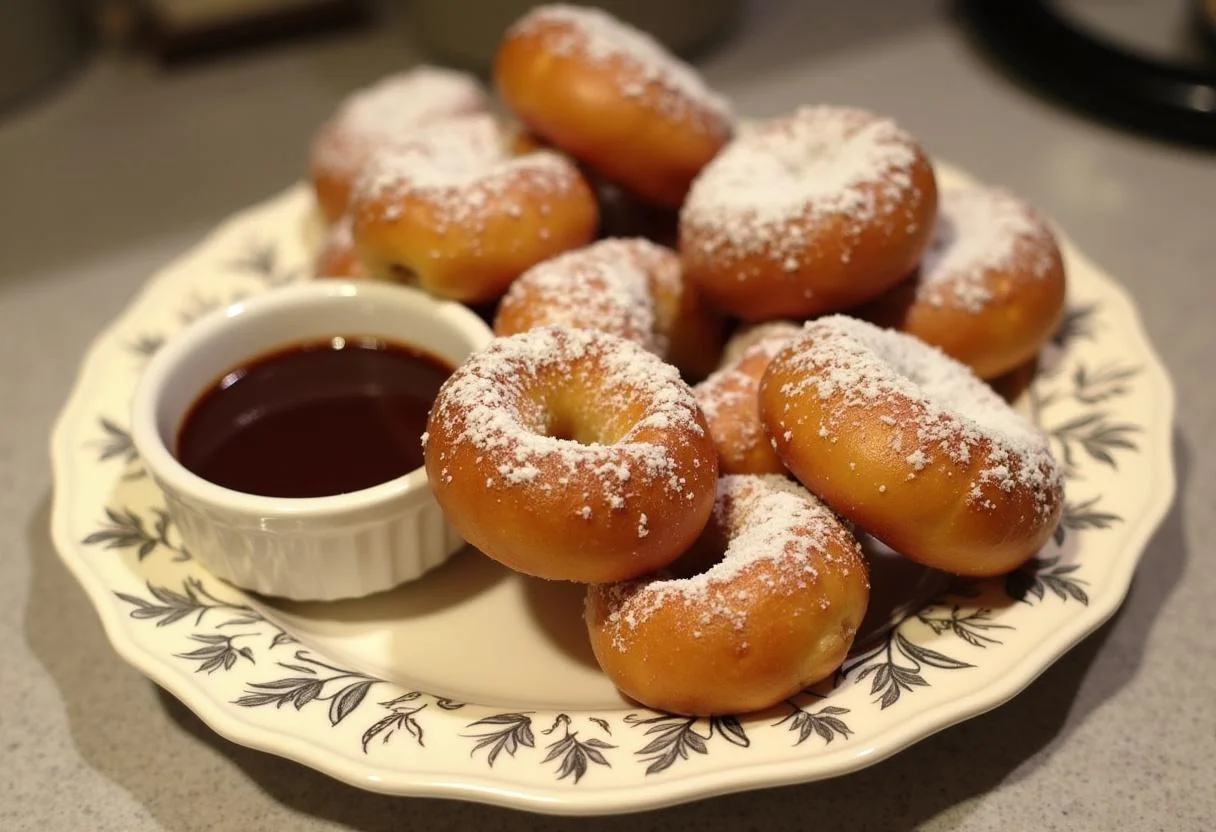 Assiette élégante de Crullers Français dorés avec du sucre glace, prête à être dégustée avec une sauce au chocolat.