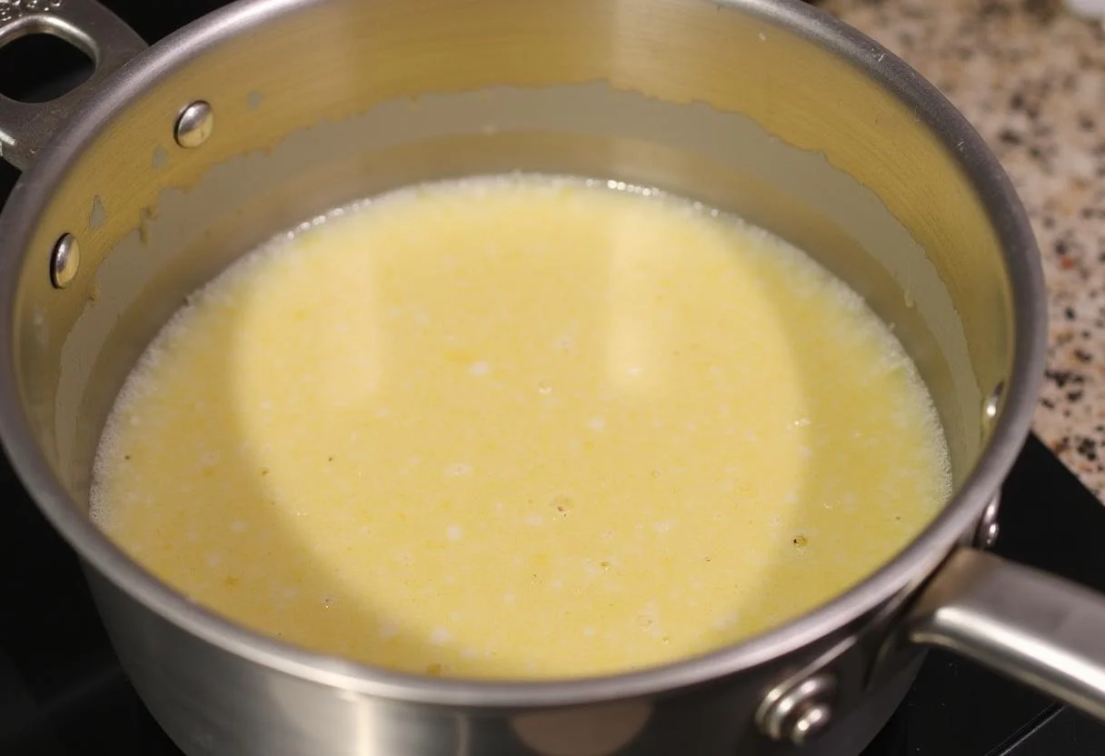 Cuve depuis un poêle contenant de l'eau, du beurre, du sucre et du sel, chauffée à feu moyen pour faire fondre le beurre.