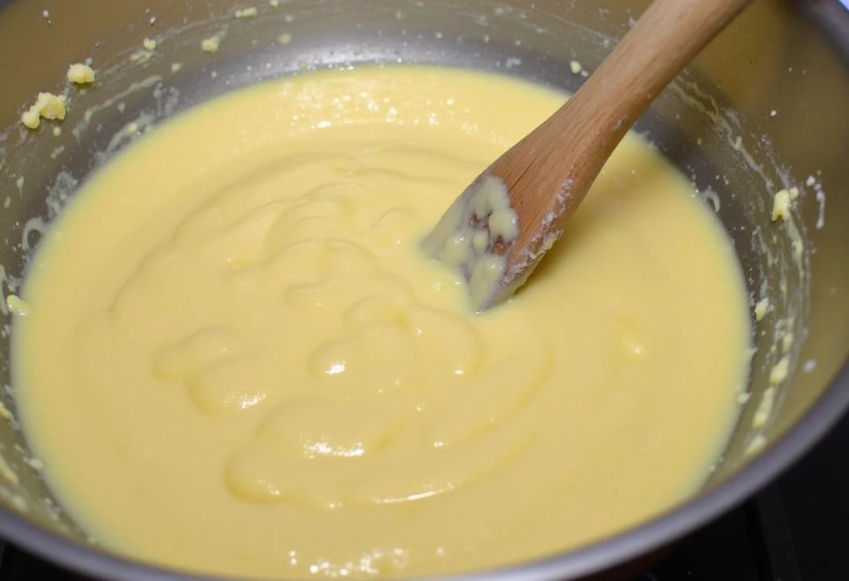 Mélange de pâte lisse et brillante après avoir incorporé la farine et les œufs dans la casserole.