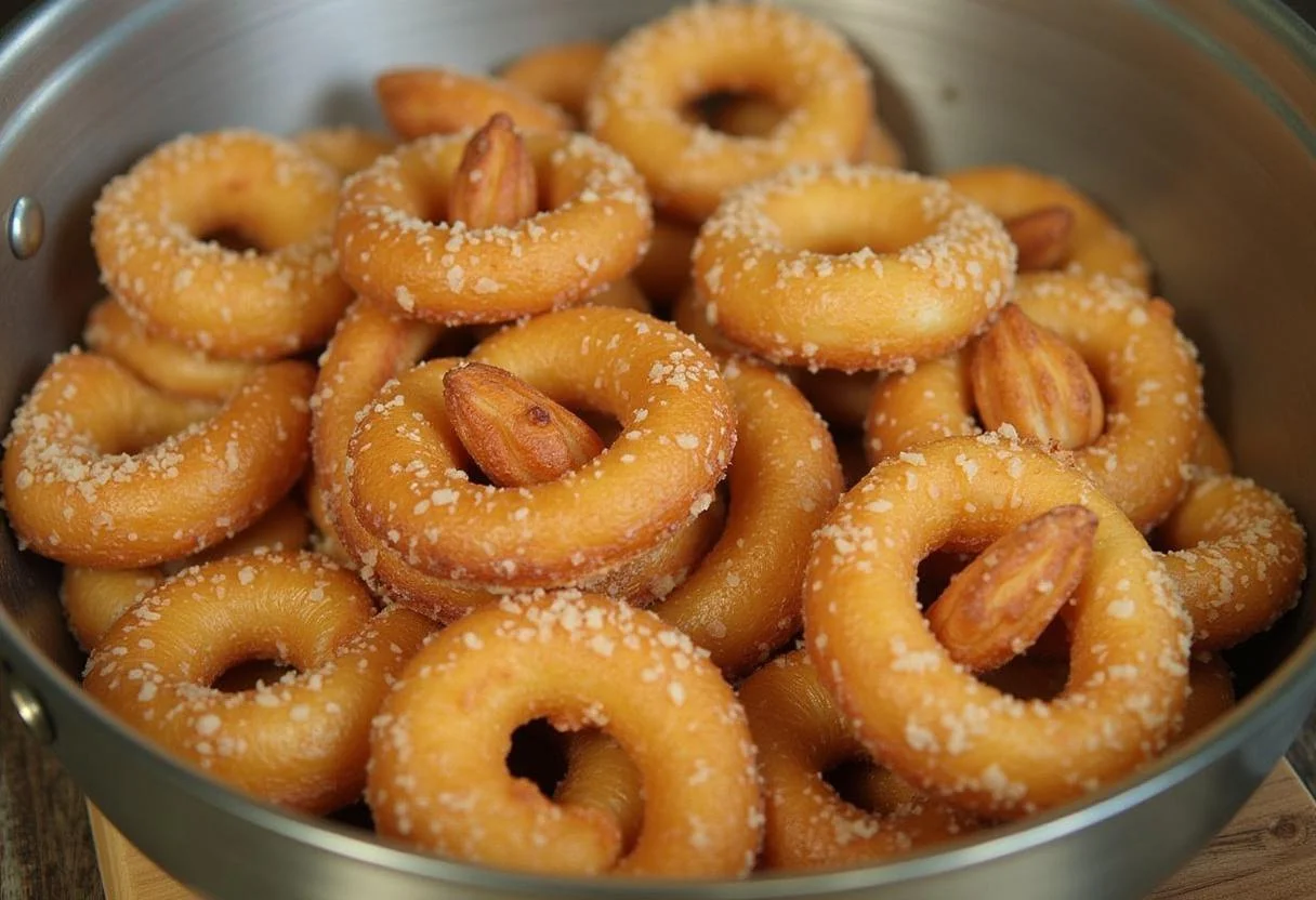 Crullers dorés croustillants frits dans une poêle, égouttant sur du papier absorbant.
