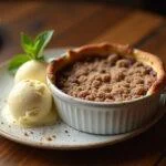 Un délicieux crumble aux pommes et au chocolat, avec de la crème glacée à la vanille, prêt à être dégusté.