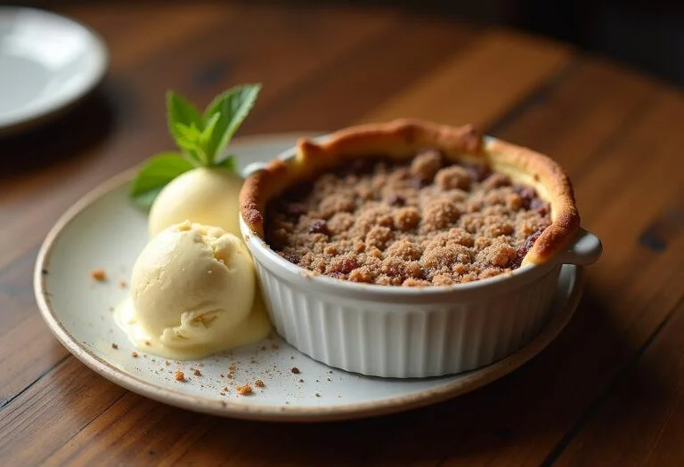 Un délicieux crumble aux pommes et au chocolat, avec de la crème glacée à la vanille, prêt à être dégusté.