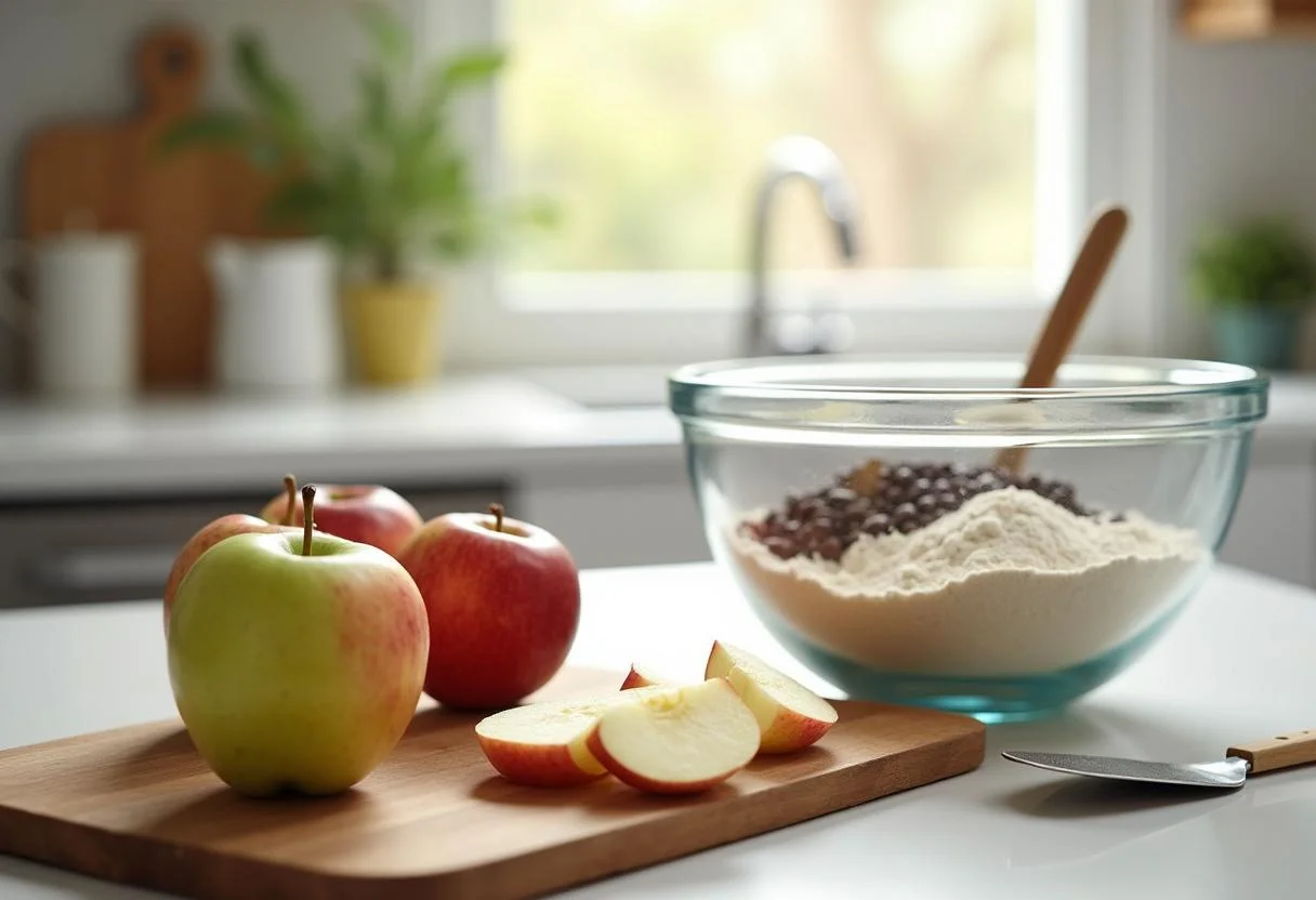 Ingrédients pour un crumble aux pommes et au chocolat, y compris des pommes tranchées et un mélange de farine et de chocolat.