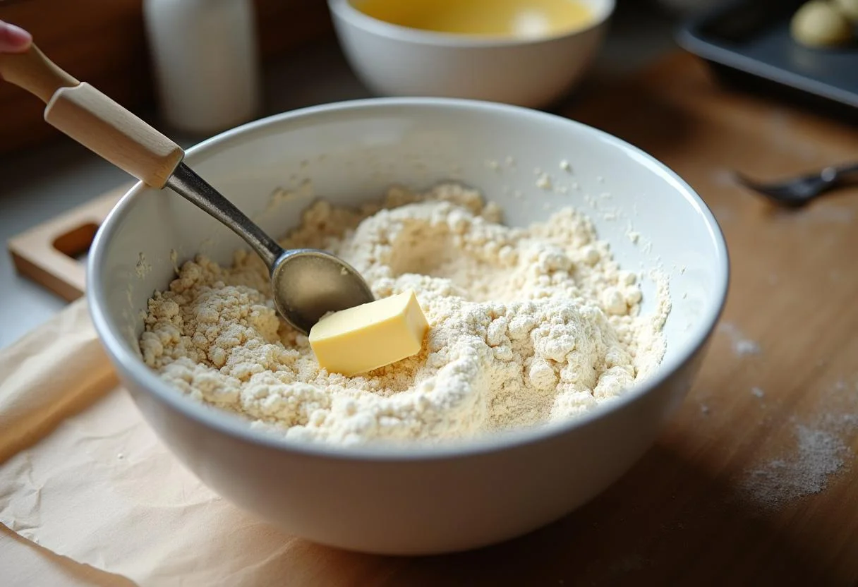 Préparation du mélange pour le crumble aux pommes et au chocolat, avec des ingrédients mélangés dans un bol.