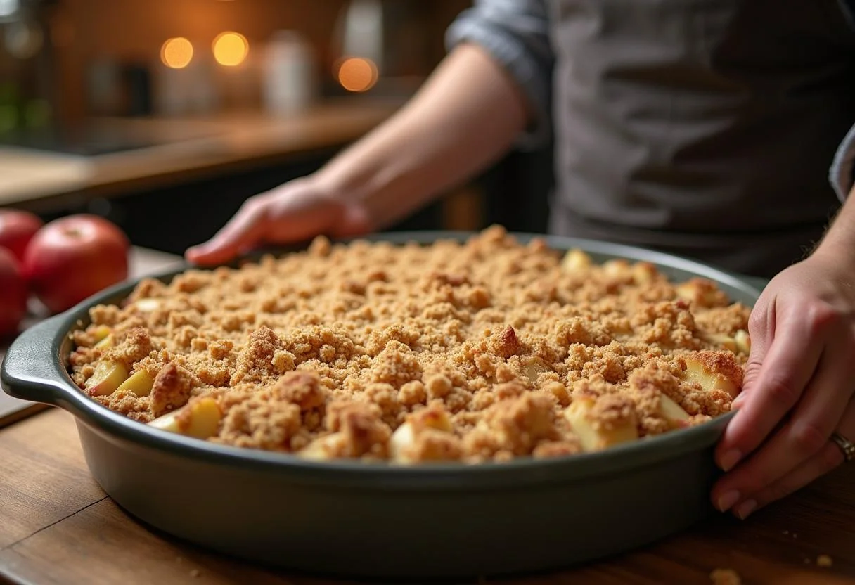 Étaler le mélange de crumble sur les pommes et le chocolat dans le plat de cuisson.