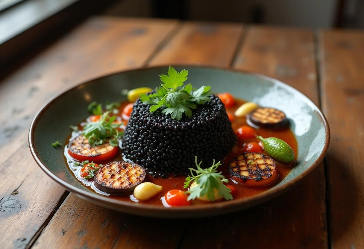 Présentation finale du riz noir cuit avec des légumes grillés, style rustique.
