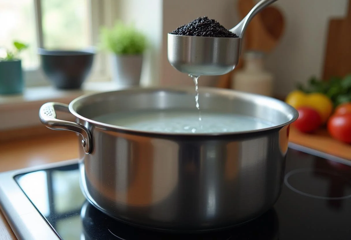 Préparation pour la cuisson du riz noir, pot d'eau sur la cuisinière avec du riz noir à côté.