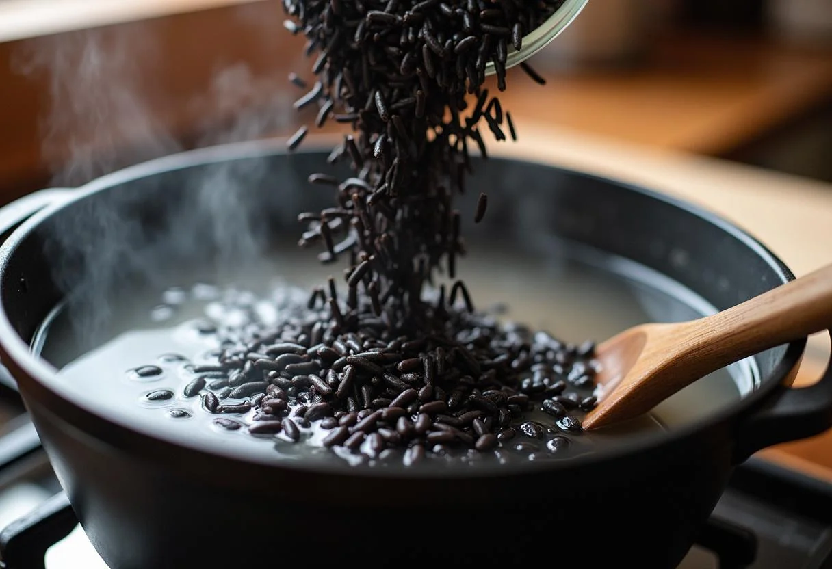 Ajout du riz noir dans l'eau bouillante pour la cuisson du riz noir.