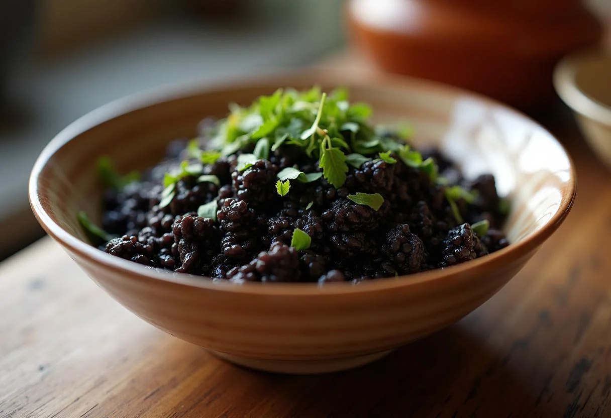 Servir le riz noir cuit dans un bol, fraîchement garni d'herbes.