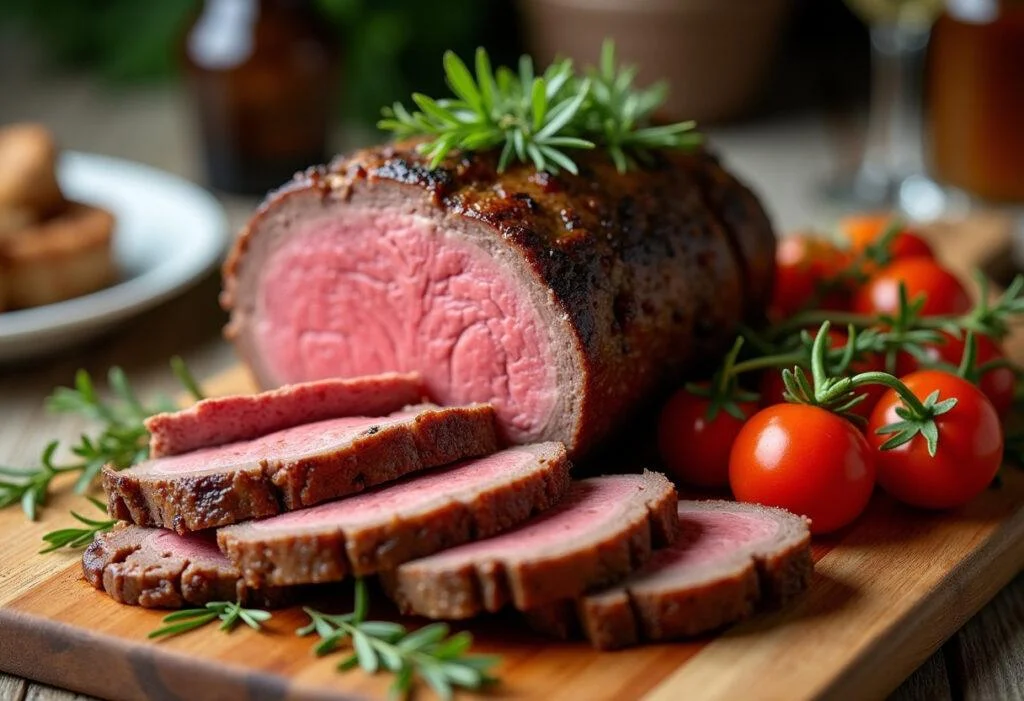 Rôti de boeuf au four parfaitement cuit, servi avec des légumes de saison, idéal pour un repas succulent.