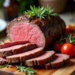 Rôti de boeuf au four parfaitement cuit, servi avec des légumes de saison, idéal pour un repas succulent.