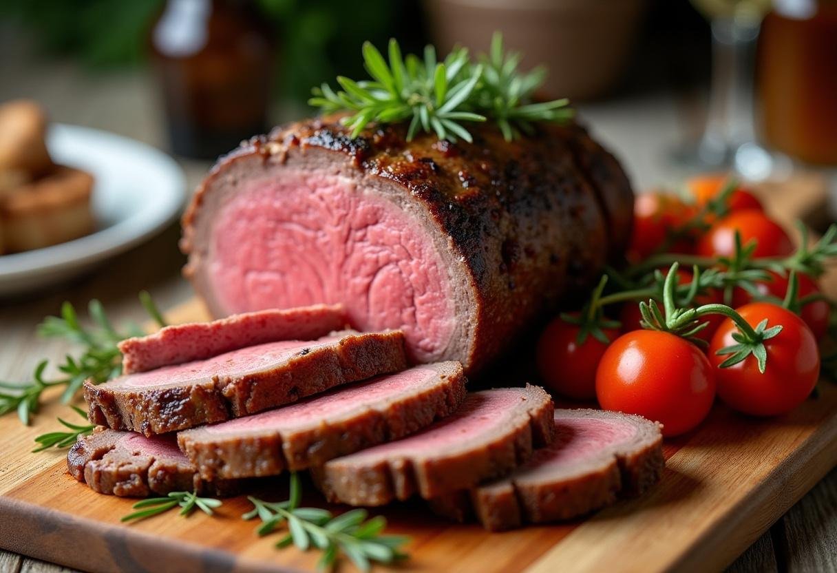 Rôti de boeuf au four parfaitement cuit, servi avec des légumes de saison, idéal pour un repas succulent.