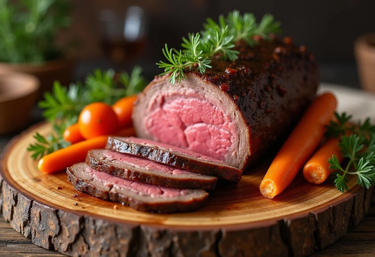 Rôti de boeuf au four parfaitement cuit, servi avec des légumes de saison, idéal pour un repas succulent.