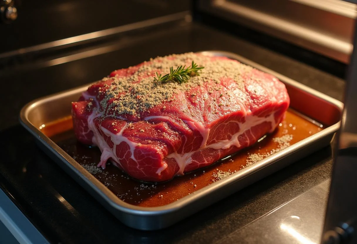 Préparer la cuisson du rôti de boeuf au four, assaisonner avec du sel, du poivre et des herbes pour un résultat savoureux.