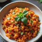 Dish of lentilles corail colorées, garnies d'herbes fraîches et d'une touche d'huile d'olive, présentées élégamment.