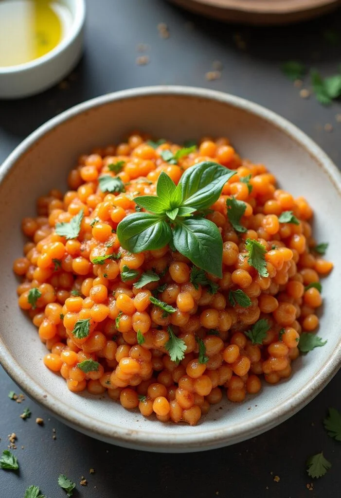 Dish of lentilles corail colorées, garnies d'herbes fraîches et d'une touche d'huile d'olive, présentées élégamment.
