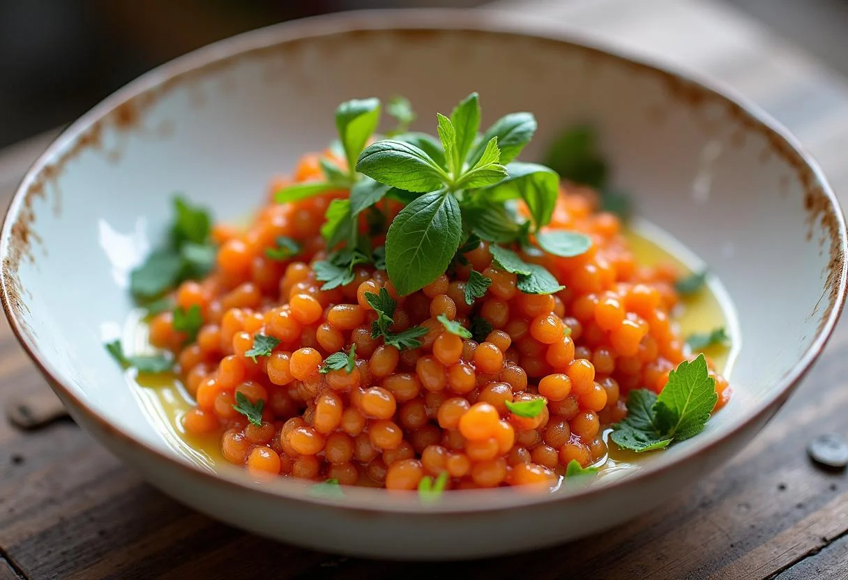 Dish of lentilles corail colorées, garnies d'herbes fraîches et d'une touche d'huile d'olive, présentées élégamment.