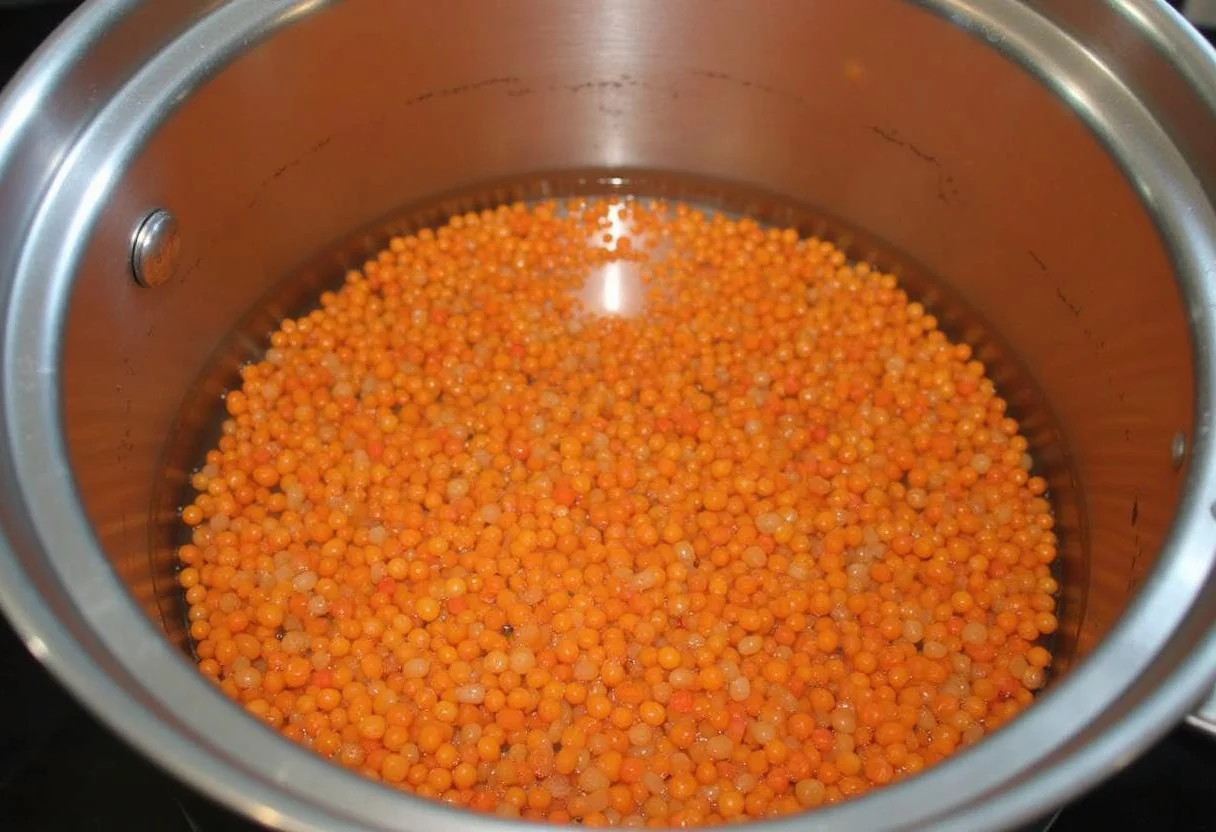 Lentilles corail rincées soigneusement dans une grande casserole avant la cuisson.