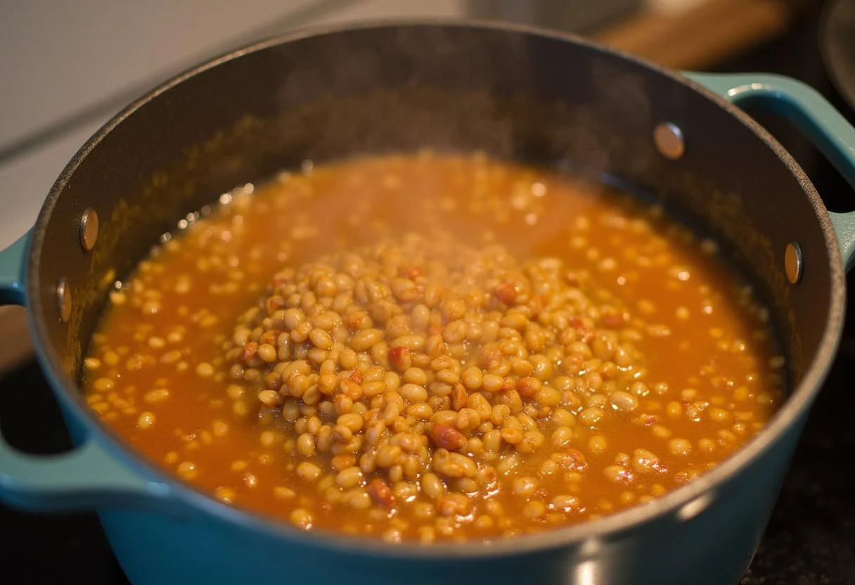 Récipient sur le feu avec des lentilles corail bouillonnantes, prêt pour la cuisson lente.