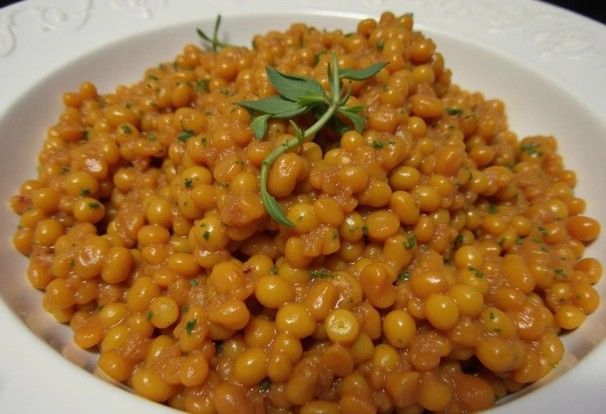Lentilles corail cuites et assaisonnées dans une casserole, prêtes à être servies.