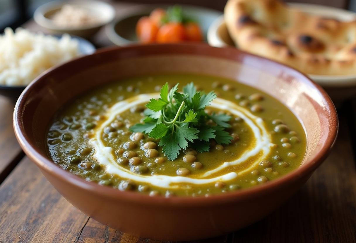 Bol de dahl de lentilles vertes décoré de coriandre fraîche, avec du riz et du naan, affichant l'aspect final appétissant du plat.