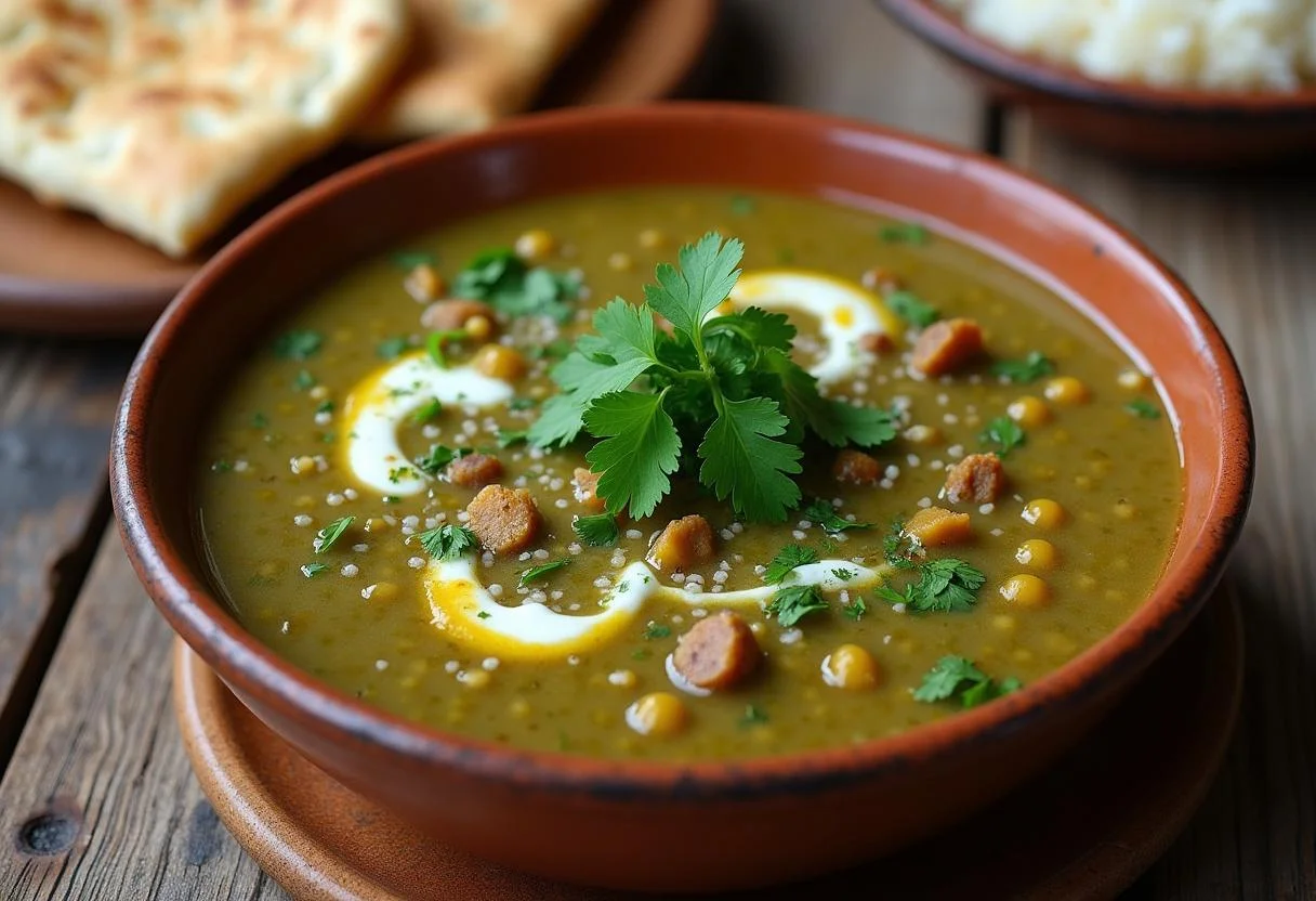 Bol de dahl de lentilles vertes décoré de coriandre fraîche, avec du riz et du naan, affichant l'aspect final appétissant du plat.
