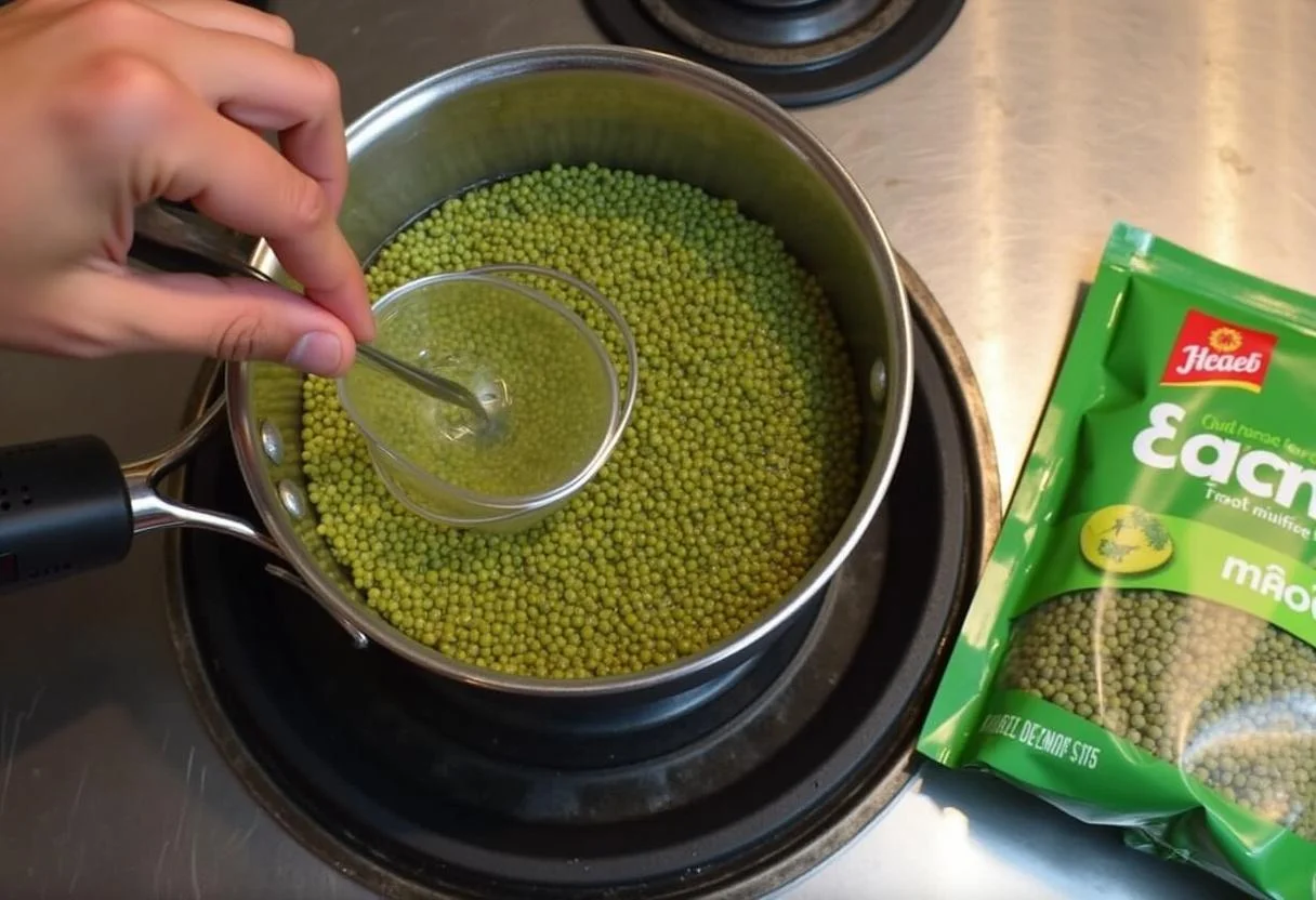 Préparation pour dahl de lentilles vertes avec lentilles vertes rincées dans une passoire, montrant les ingrédients essentiels.