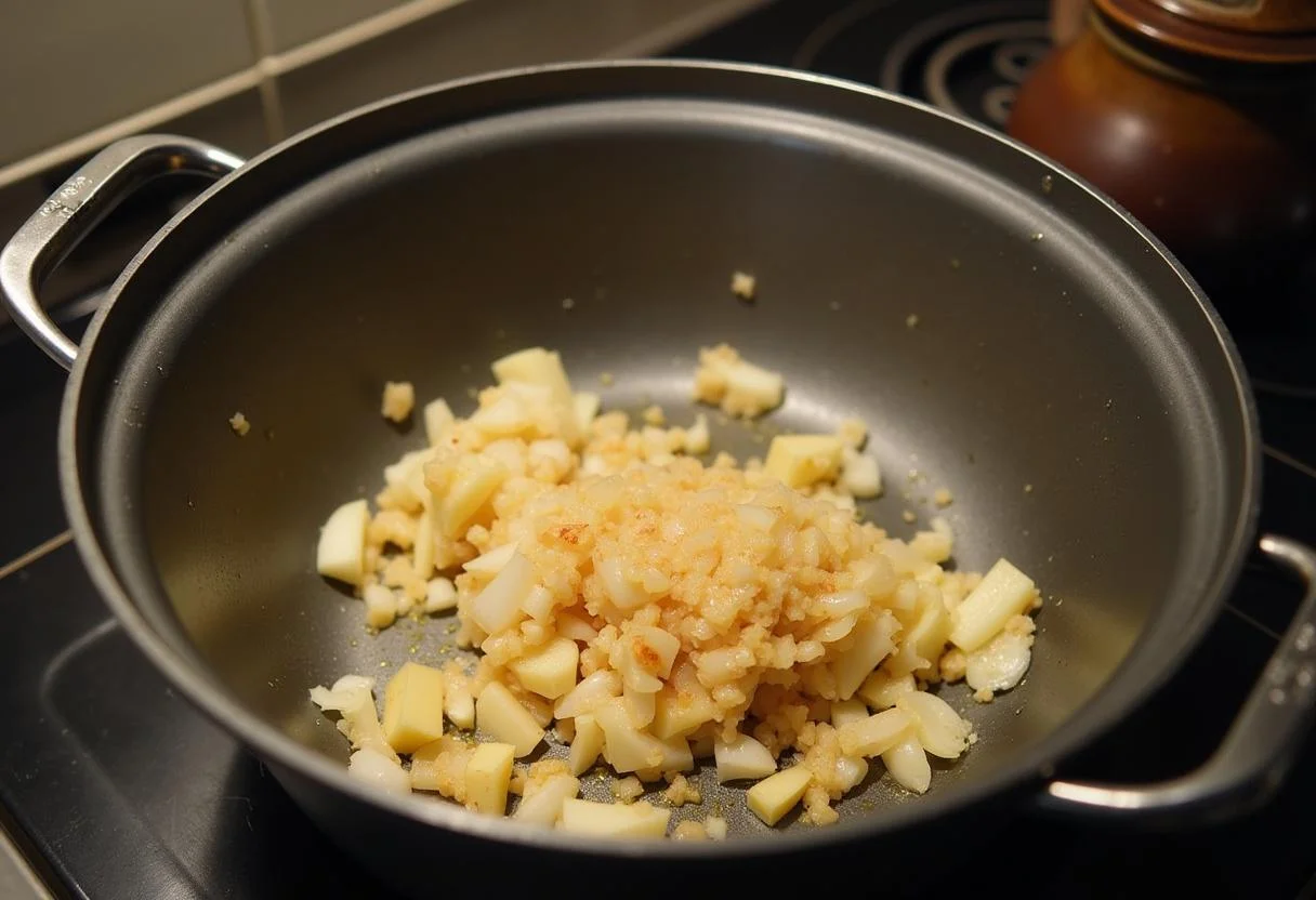 Sauté des oignons, de l'ail et du gingembre pour le dahl de lentilles vertes, créant une base parfumée pour la recette.