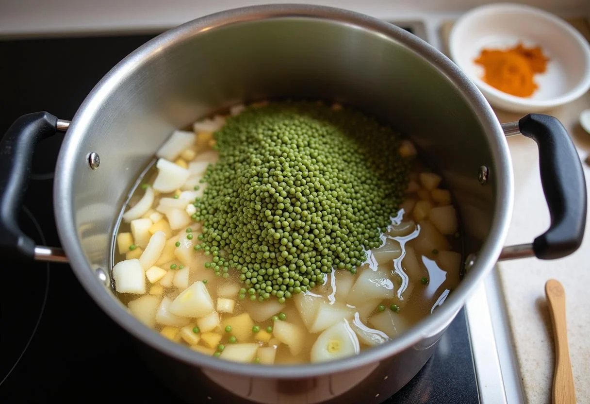 Ajout de lentilles vertes et d'épices dans le pot pour préparer dahl de lentilles vertes, créant un mélange savoureux.