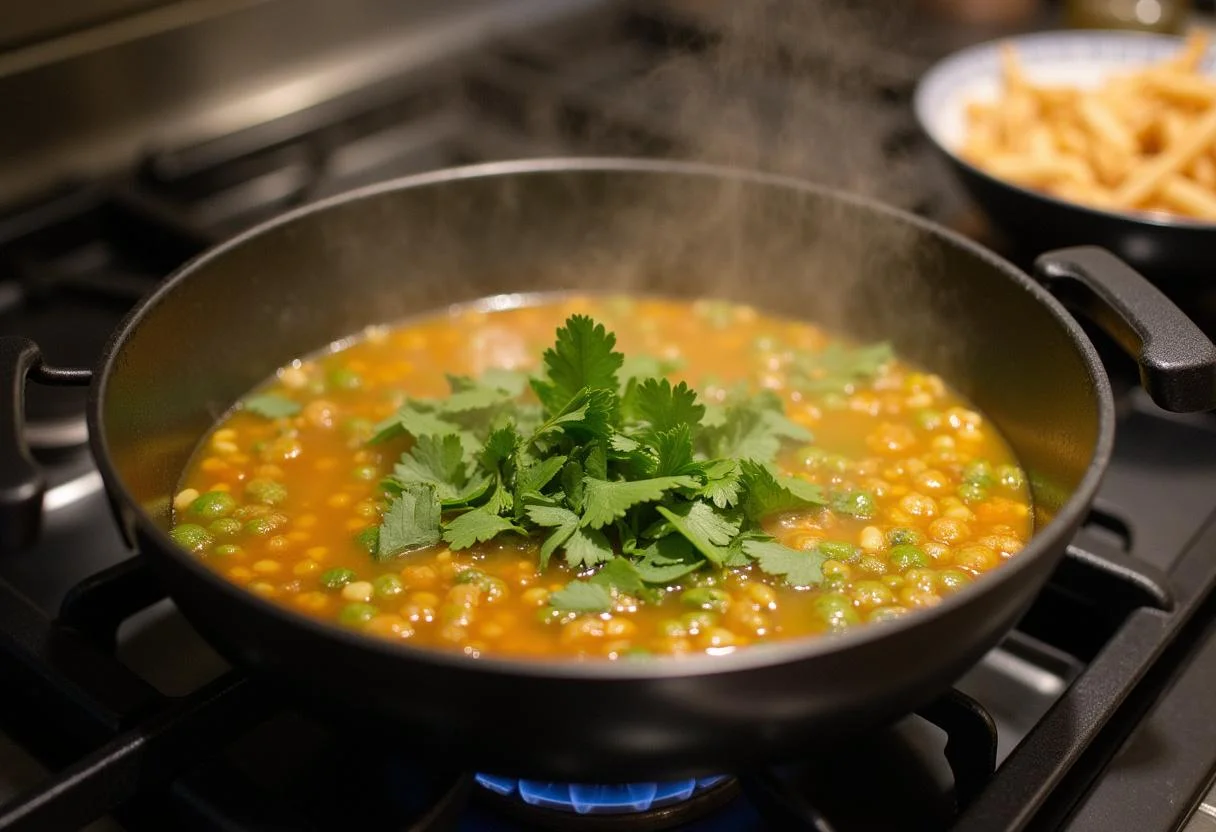 Dahl de lentilles vertes mijotant sur le feu, révélant des couleurs vibrantes et une texture appétissante.