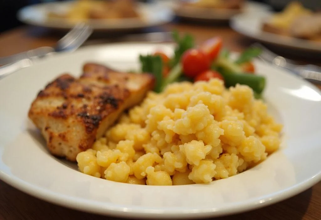 Plat appétissant d'écrasée de pommes de terre présenté avec du poulet grillé et des légumes vapeur sur une table à manger.