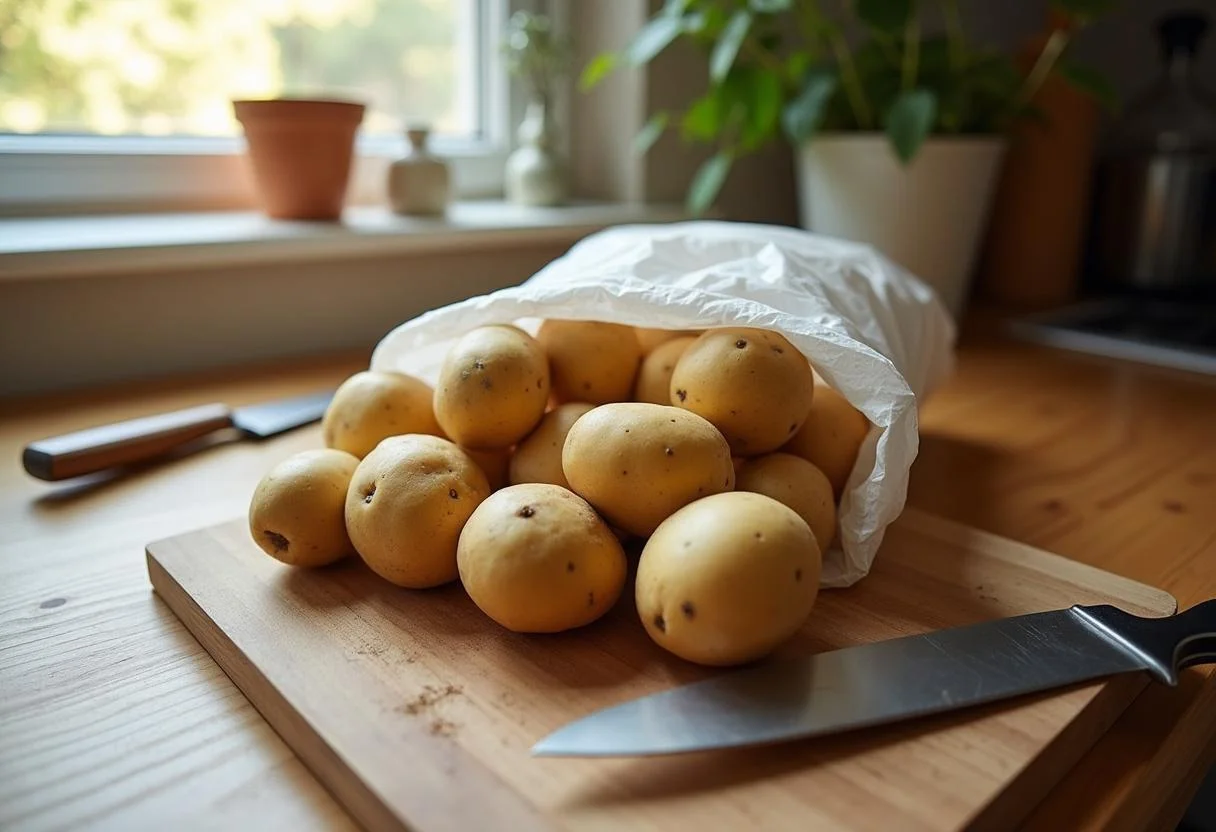 Préparation d'une écrasée de pommes de terre avec des pommes de terre fraîches sur un comptoir de cuisine en bois.