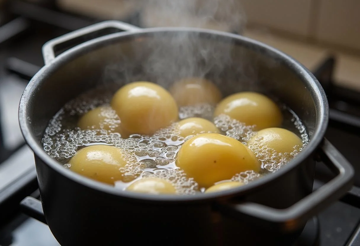Cuisson des pommes de terre pour une écrasée de pommes de terre dans une casserole d'eau bouillante sur la cuisinière.