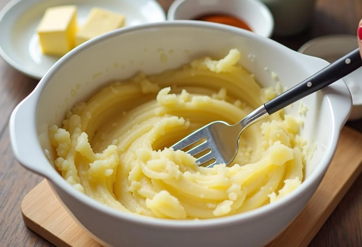 Écrasement des pommes de terre cuites pour une écrasée de pommes de terre avec du beurre, du sel et du poivre dans un bol.