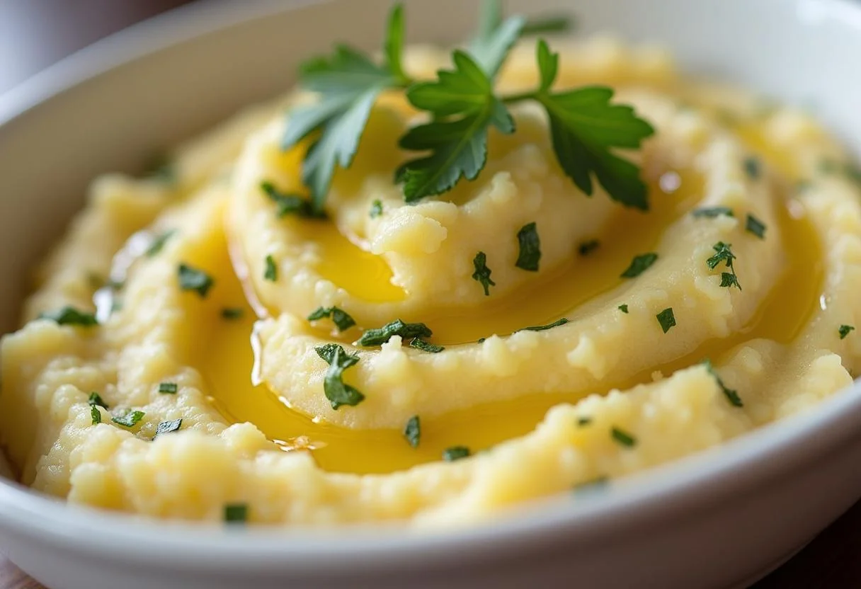 Présentation d'une écrasée de pommes de terre dans un plat de service, garnie d'herbes fraîches et d'un filet d'huile d'olive.