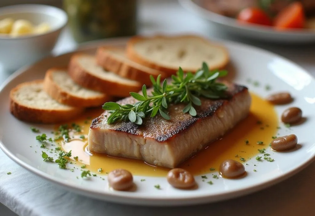 Résultat final de la recette de foie de morue en conserve, présentée avec du pain croûté et des légumes marinés.