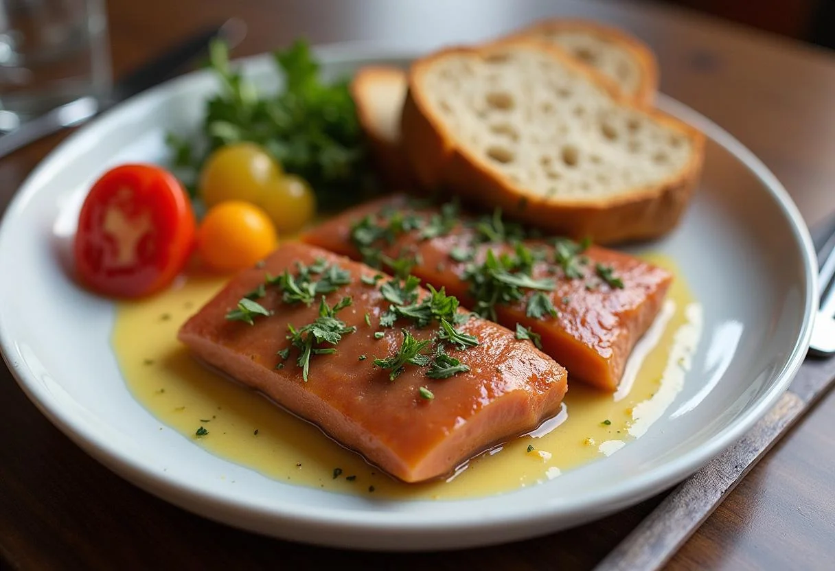 Résultat final de la recette de foie de morue en conserve, présentée avec du pain croûté et des légumes marinés.